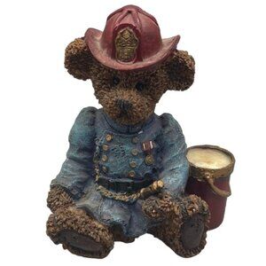 K's collection figurine bear fireman bucket hat blue brown red 5x3.5" READ